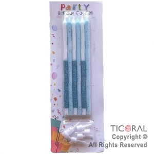 VELA BLANCO CON GIBRE Y BRILLOS CELESTE 12.5 CM x 6 UNIDADES